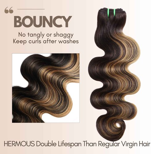 HERMOUS 13A Double Drawn Honey Blonde Highlight FB27 Bundles Body Wave Human Hair, Black With Honey Brown Highlight Human Hair 3 Bundles Unprocessed Remy Hair F1B/27 Ombre Hair Extension 12 14 16 Inch