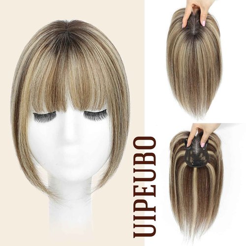 UIPEUBO Hair Toppers for Women Real Human Hair Toppers with Thinning Hairpieces for Women with Bangs 10 Inch Human Hair Topper for Cover Gray Roots (4T427#)