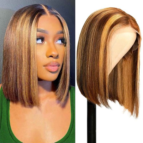 Bob Wig Human Hair Highlight 13x4 Lace Front Wigs Honey Blonde Straight Bob Frontal Wigs Wear and Go Glueless Human Hair Bob Wigs Pre Plucked with Baby Hair for Black Women 4/27 Color 12inch