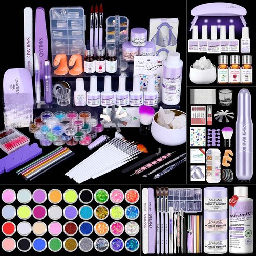 SAVILAND Acrylic Nail Kit with Everything: Professional Nail Kit Acrylic Set with EMA Monomer Nail Drill Gel Polish for Nail Extension 3D Carving Sculpture Home Salon Use Christmas Gift Set