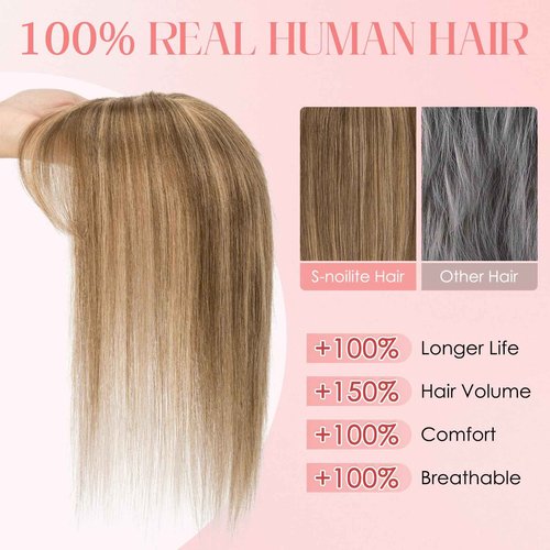 S-noilite Hair Toppers for Women with Bangs Real Human Hair 360° 3D Cover Clip in Bangs 2X6 Coverage Clip in Hairpiece for Women with Thinning Hairline 14Inch (Medium Brown/Dark Blonde)