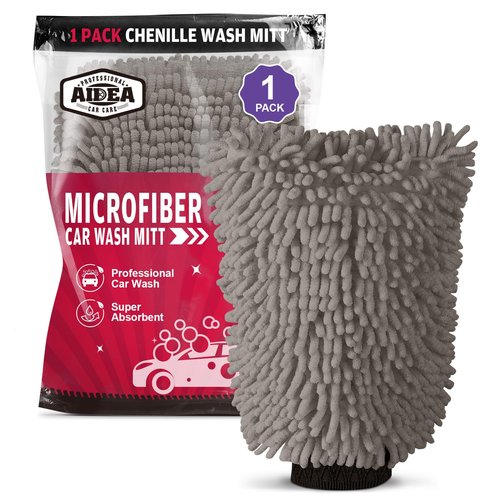 AIDEA Car Wash Mitt Microfiber, 1PK Scratch Free Lint-Free, Premium Chenille Microfiber Sponge Mitt Car Wash Brush, Grey, Regular Size 7.12''X10.14''