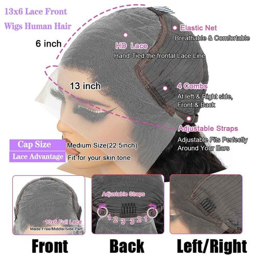 JTMMP 14 Inch 13x6 Lace Front Wigs Human Hair 200% Density Body Wave Lace Front Wig Human Hair HD Transparent Natural Color