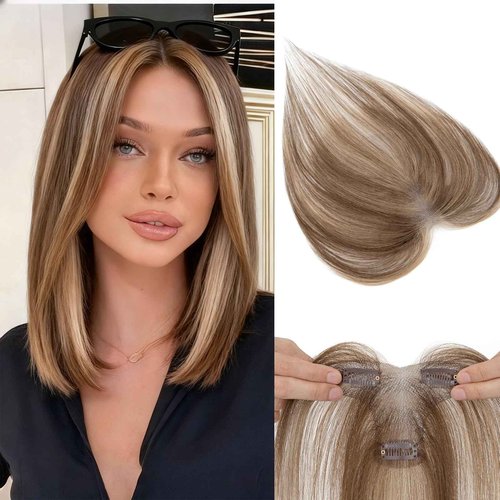 SLEEKALON Hair Topper with Side Bangs Human Hair Curtain Bangs Topper for Women, T-part Lace Base Real Human Hair Topper Hair Piece for Daily Wear(Side Bangs,Medium Brown & Dark Blonde)