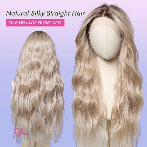 testar 13×6 HD Lace Front Wig Long Blonde Wavy Wigs for Women 26 Inch Middle Part Blonde Wigs with Dark Roots Synthetic Lace Front Wigs Middle Part Daily/Halloween Use