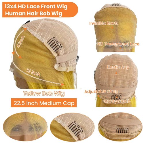 Licoville Yellow Bob Lace Front Wigs Human Hair 12 Inch Silky Straight Yellow Bob Wig 13x4 HD Frontal Lace Wig Pre Plucked Wear and Go Glueless Shor Bob Wigs Human Hair180% Density