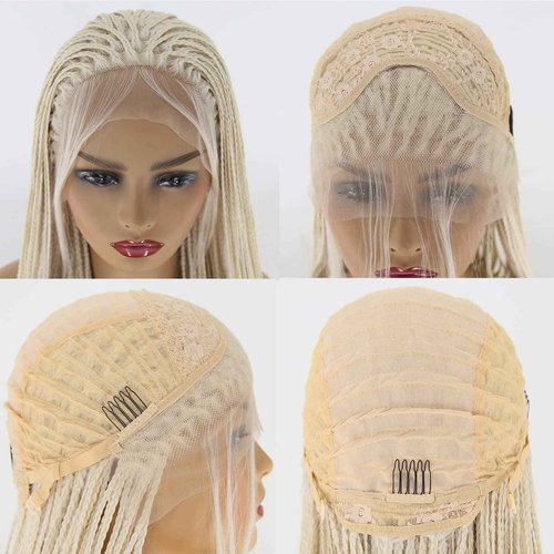 BTWTRY Platinum Blonde Braided Synthetic Lace Front Wigs for Black Women Heat Resistant Fiber Hair Micro Braided Hair Box Braids Wig African American Hair (24inch, #60 Color)
