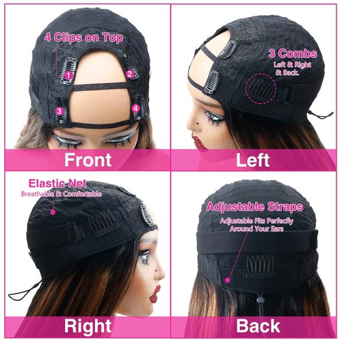 Homgoss FB30 U Part Wigs With Drawstring for Women Straight Human Hair Wigs 200% Density Highlight Ombre U Part Human Hair Wigs Can Be Dyed and Bleached(20 inch)