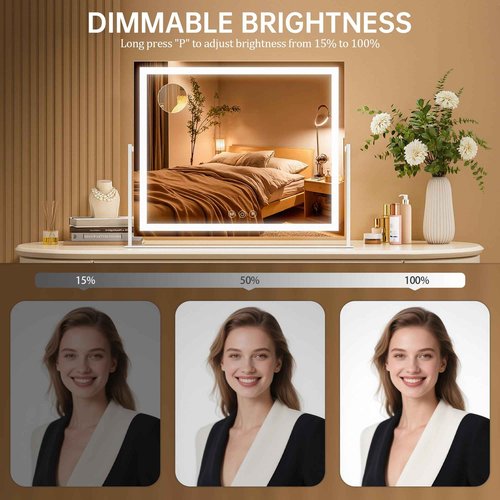 Batuso Vanity Mirror with Lights, 30'' x 22'' Lighted Makeup Mirror, Touch Screen with 3-Color Lighting, Dimmable for Vanity Desk Tabletop Square White
