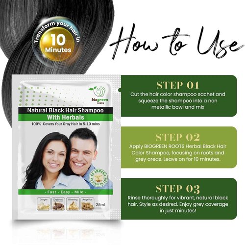 BIOGREEN ROOTS Ammonia-Free & Paraben Free Herbal Hair Shampoo - Hair Dye Shampoo for Women & Men - Natural Color & Herbal Nourishment - No Stain on Skin - Natural Black (100 sachets x 25 ml)