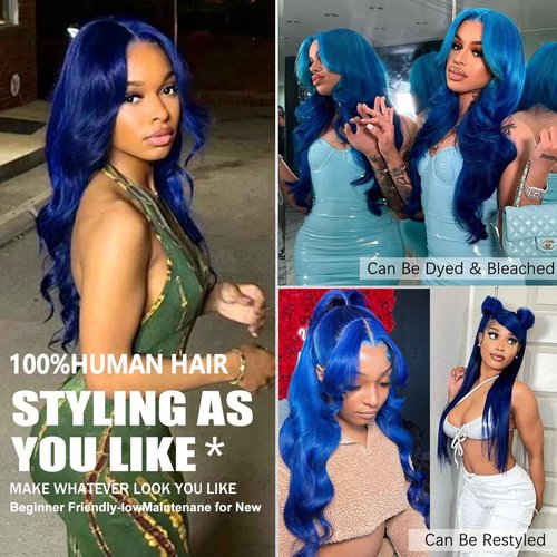 GUIGUZIN Blue Wear and Go Glueless Wigs Human Hair Pre Cut 9x6 Blue Body Wave HD Lace Front Wig Pre Plucked Colored Lace Closure Wigs for Women 22 Inch 180 Density