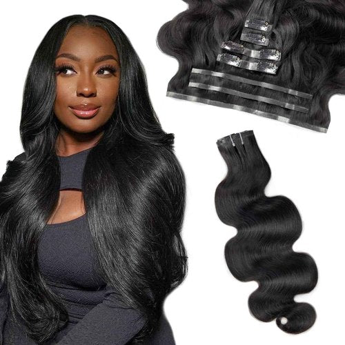 FBLhair 22 inch Seamless Body Wave Clip in Extensions Real Human Hair Extensions Clip Ins 110g 7pcs Thick Invisible Clip in Hair Extensions #1B Natural Black