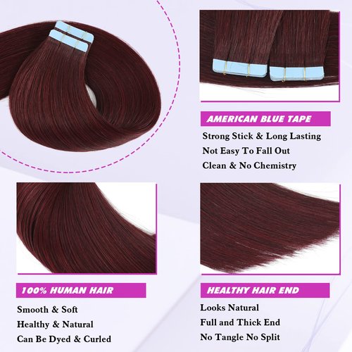 Tape in Hair Extensions Human Hair Burgundy Hair Extensions 22 Inch Glue in Brazilian Hair Double Sided Tape in Extension 20pcs Adhesive Tape ins Thick End 50g(22",#99J,50g)