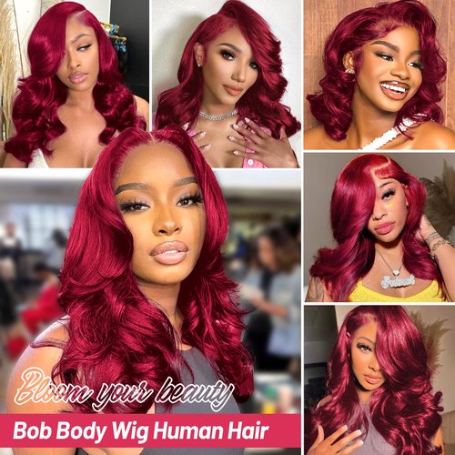 99j Burgundy Lace Front Wigs Human Hair 13x4 Bob Wig Human Hair Pre Plucked 200 Density HD Transparent Body Wave Lace Front Wigs Human Hair Red Colored Short Bob Wig for Women with Baby Hair 16inch