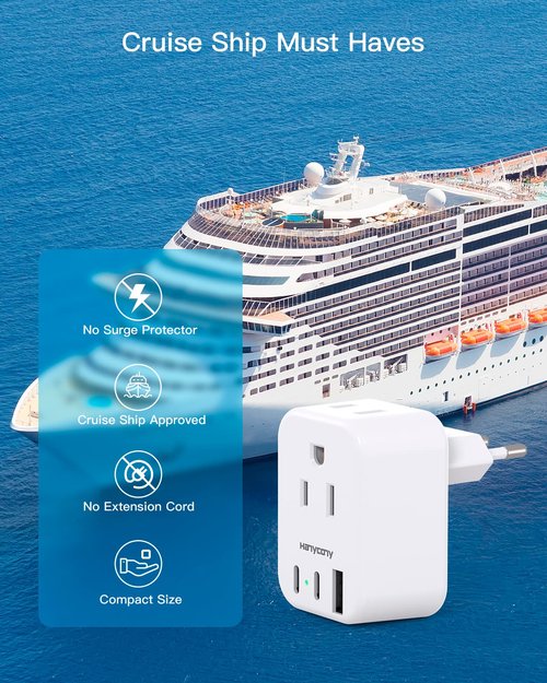 HANYCONY European Plug Adapter, International Power Adapter, US to Europe Adapter Plug 2 Outlets 3 USB Ports(2 USB C), Type C Plug Adapter to Italy Spain France Portugal Iceland Germany