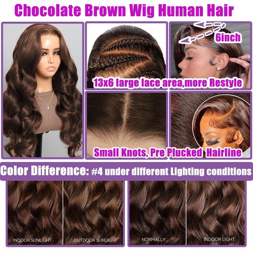 Fusenp 13x6 Hd Body Wave Lace Front Wigs Human Hair Pre Plucked Chocolate Brown Lace Front Wig Human Hair 210% Density Glueless Lace Frontal Wigs Brown Wigs for Women (20 Inch)