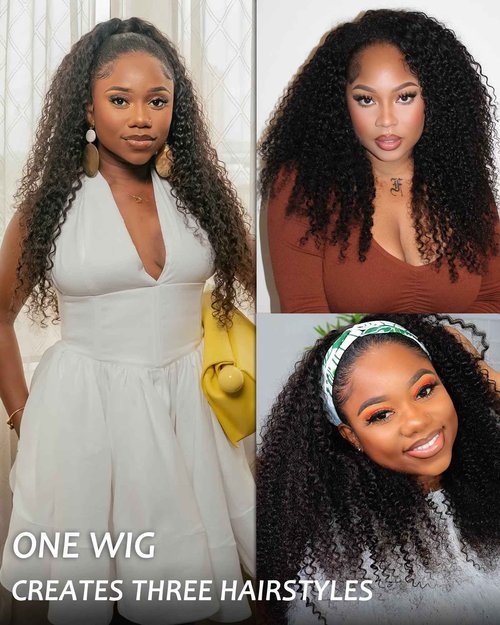 Kinky Curly Half Wig Human Hair - 200% Density, 18 Inch, Glueless Wear & Go, 3 in 1, Flip Over, Headband, Drawstring Wig, Natural Look, Beginner Friendly (Natural Black, 18 Inch, Kinky Curly)