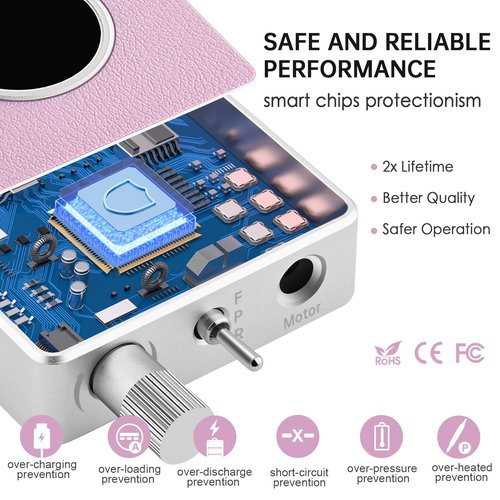 Kredioo Nail Drill Professional Super Quiet with Coreless Motor 35000RPM Electric File 6+1 Tungsten Bits Kit Portable Strong Drill para uñas Profesional Remove Acrylic Nails Dip Powder-Pink