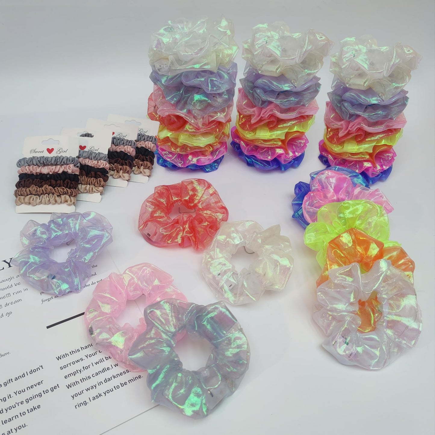 40Pcs Light Up Scrunchies with 24Pcs Satin Elastic Hair Bands, LED Hair Ties for Women & Girls, Glow in the Dark Party Supplies Christmas Party Favor Festival Rave Accessories for Neon Glow Party