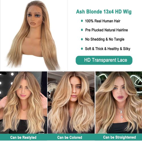 Ash Blonde Lace Front Wig Human Hair 180% Density, 13x4 Silky Straight Mini Knots HD Invisible Lace Wig for Women Glueless Highlights Wigs 20 Inch Brazilian Free Part Frontal Wigs