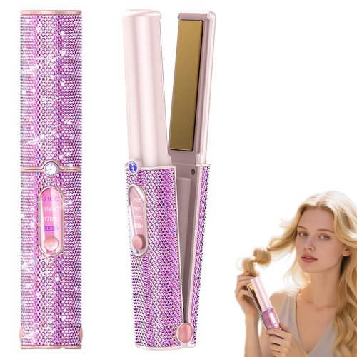 Feitenn Premium Diamond Cordless Hair Straightener Curler - Wireless Styling Iron for Travel,5000mAh Fast USB-C Charge, 3 Heat Settings, Quiet Frizz-Free Hair Care, Gift for Women (Pink)