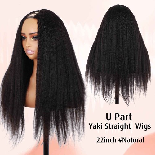 Orientfashion U Part Human Hair Kinky Straight 20inch 150% Density Full Head U Shape Clip in Wigs Half Wig Human Hair Wigs For Black Women U Part wigs (yaki straight 1B, 20inch)