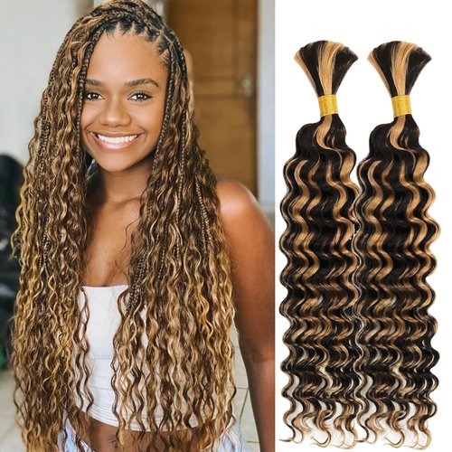 Lemeiily Human Braiding Hair 2 Bundles 100g 26Inch Deep Wave Bulk Human Hair for Braiding No Weft Curly Braiding Hair Bulk Curly Human Hair for Boho Braids 12A Brazilian Virgin Hair Extensions 1B/27