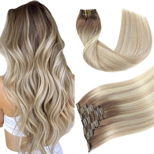 Youngsmile Clip in Hair Extensions Human Hair, 18Inch 7Pcs 120g Human Hair Extensions Clip in Balayage Ash Brown Fading to Platinum Blond mixed Ash Blond (CLIP#8/60/18-18Inch)