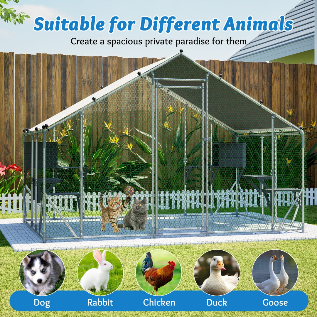 Outdoor Metal Cat Cage 3x2m with Solid Wood Platform Waterproof Tarp Safety Lock