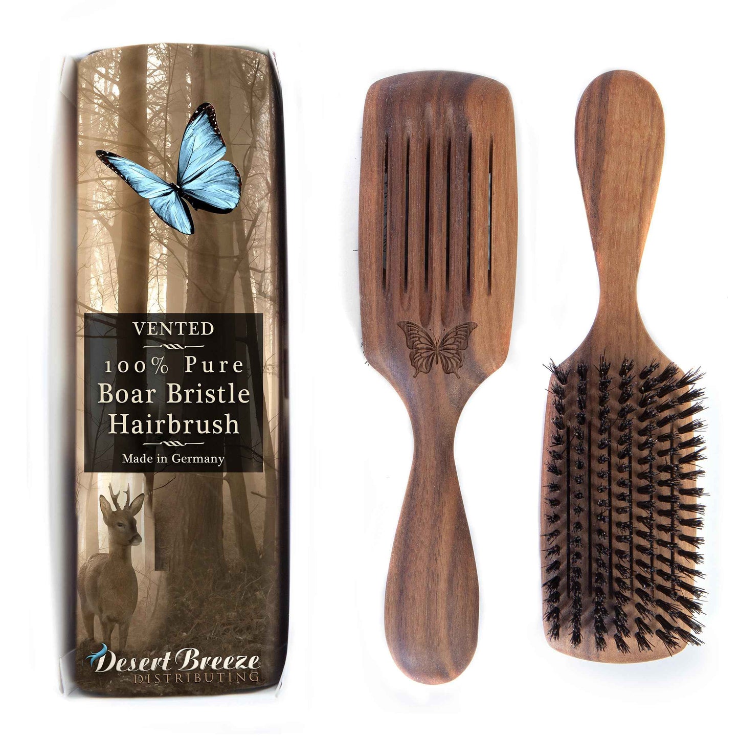 100% Pure Wild Boar Bristle, Vented Hair Brush, for Blow Drying and Natural Shine, Black Walnut Handle, Made in Germany