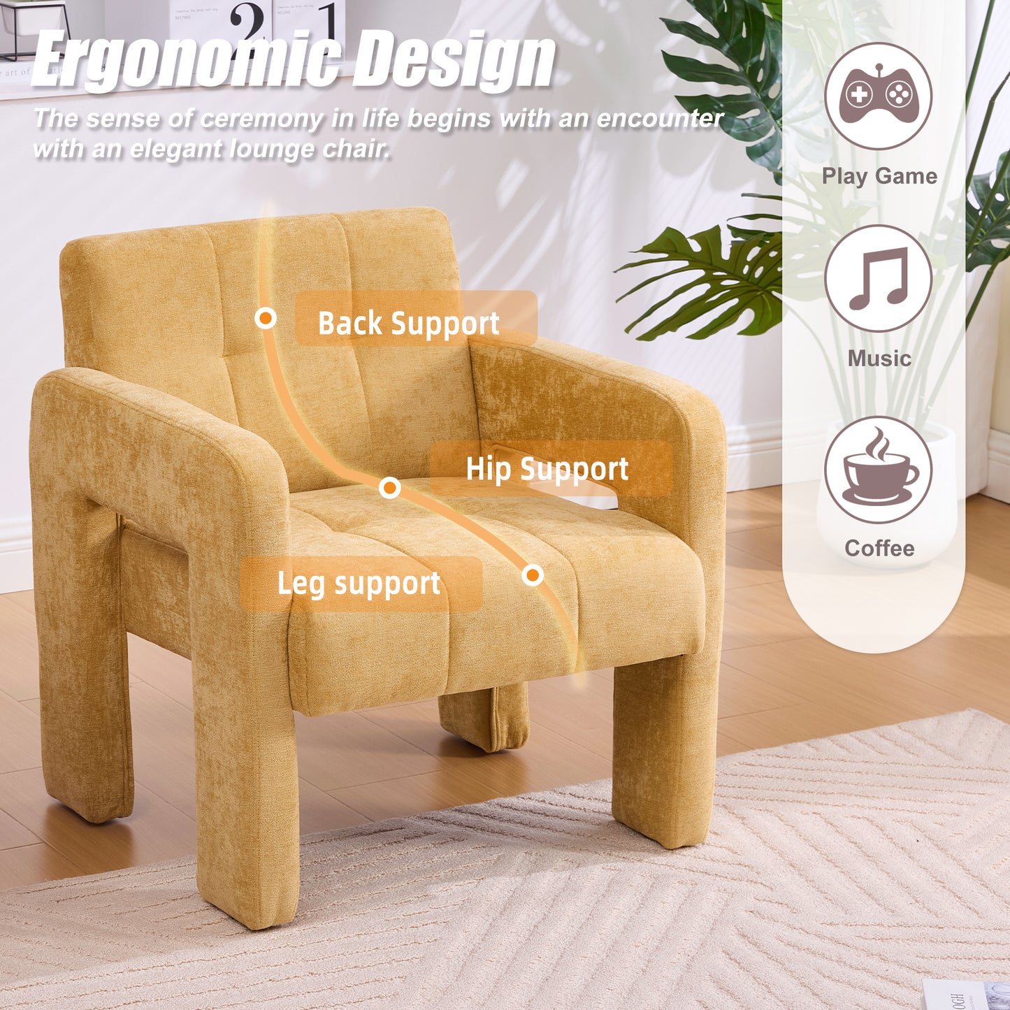 Modern Minimalist Upholstered Armchair - Mustard Yellow