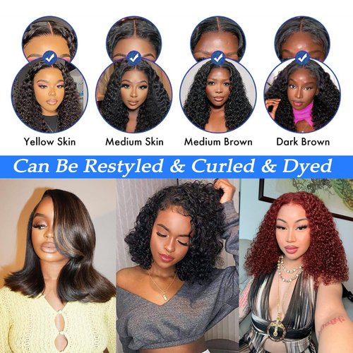 Kerberey 16 Inch Short Curly Bob Wigs Human Hair 13x4 Deep Wave Lace Front Wigs Human Hair for Black Women HD Lace Pre Plucked with Baby Hair Natural Black