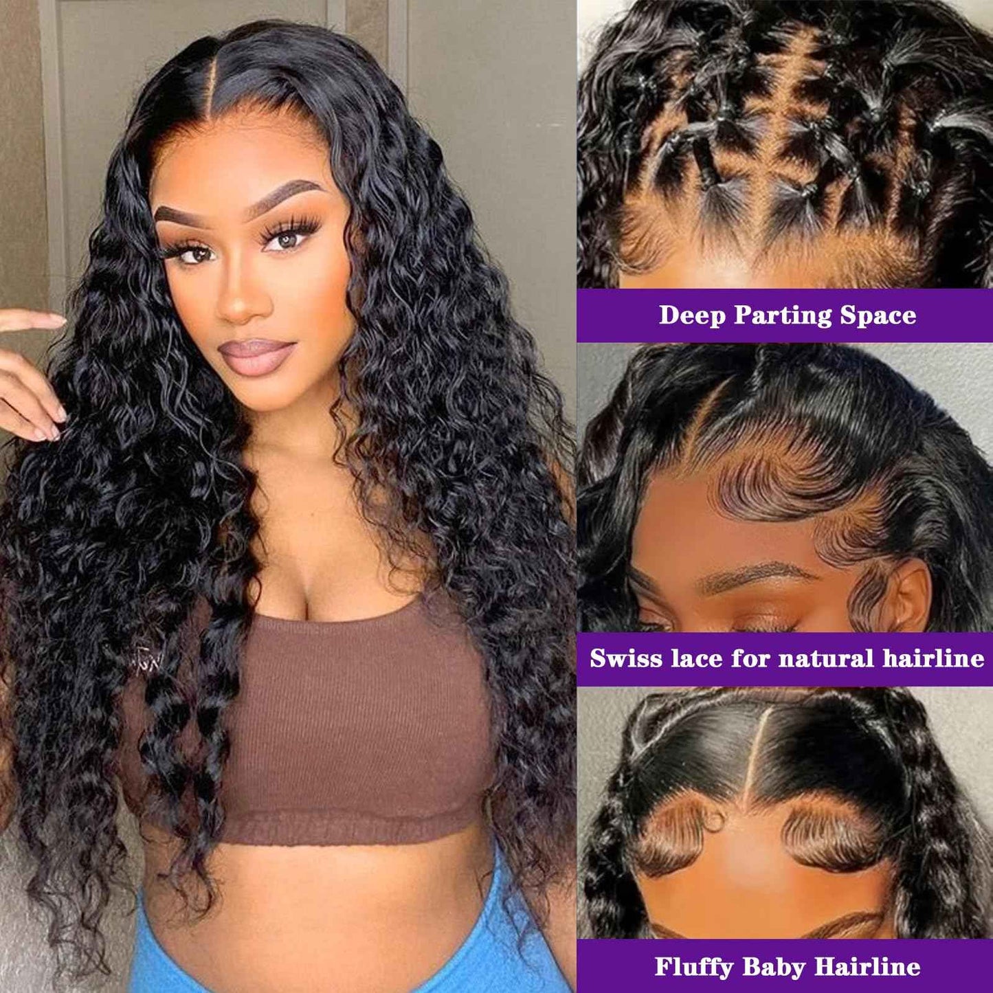 Gulenme 13x6 Deep Wave Lace Front Wigs Human Hair 200 Density Pre Plucked HD Transparent 100% Lace Frontal Wigs Deep Curly Wet and Wavy lace front human hair Wigs for Women（ 30 inch ， Natural Black）