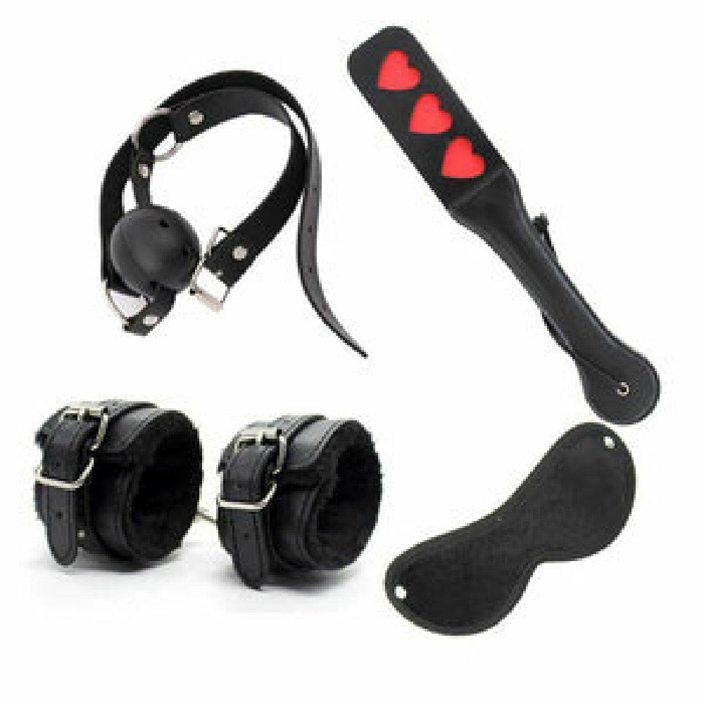Double-Layer Leather Love Heart-Shaped Racket with Handcuffs and Blindfold - Adult Wellness Game Set