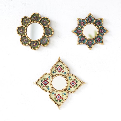DECORCONTRERAS Handmade Peruvian Mirror Set – Reverse Painted Glass – Small Decorative Mirrors for Wall – Artisan Star & Diamond Designs – Unique Wall Decor Gift