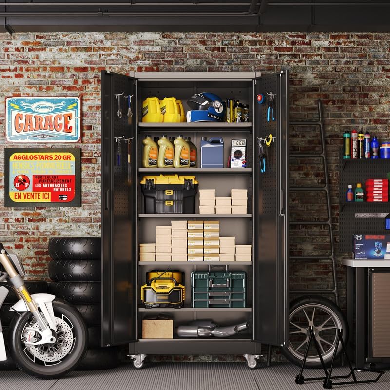 Metal Storage Cabinet on Wheels - Lockable Black with 5 Shelves