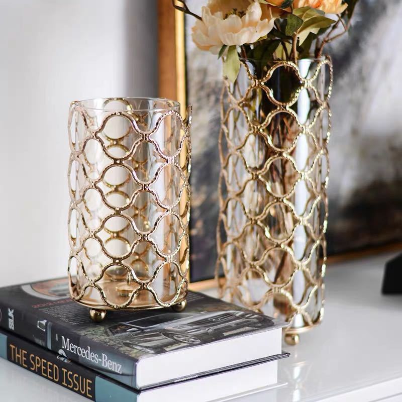 Hollow Out Glass Vase with Golden Flower Arrangement Metal Stand - Home Decor