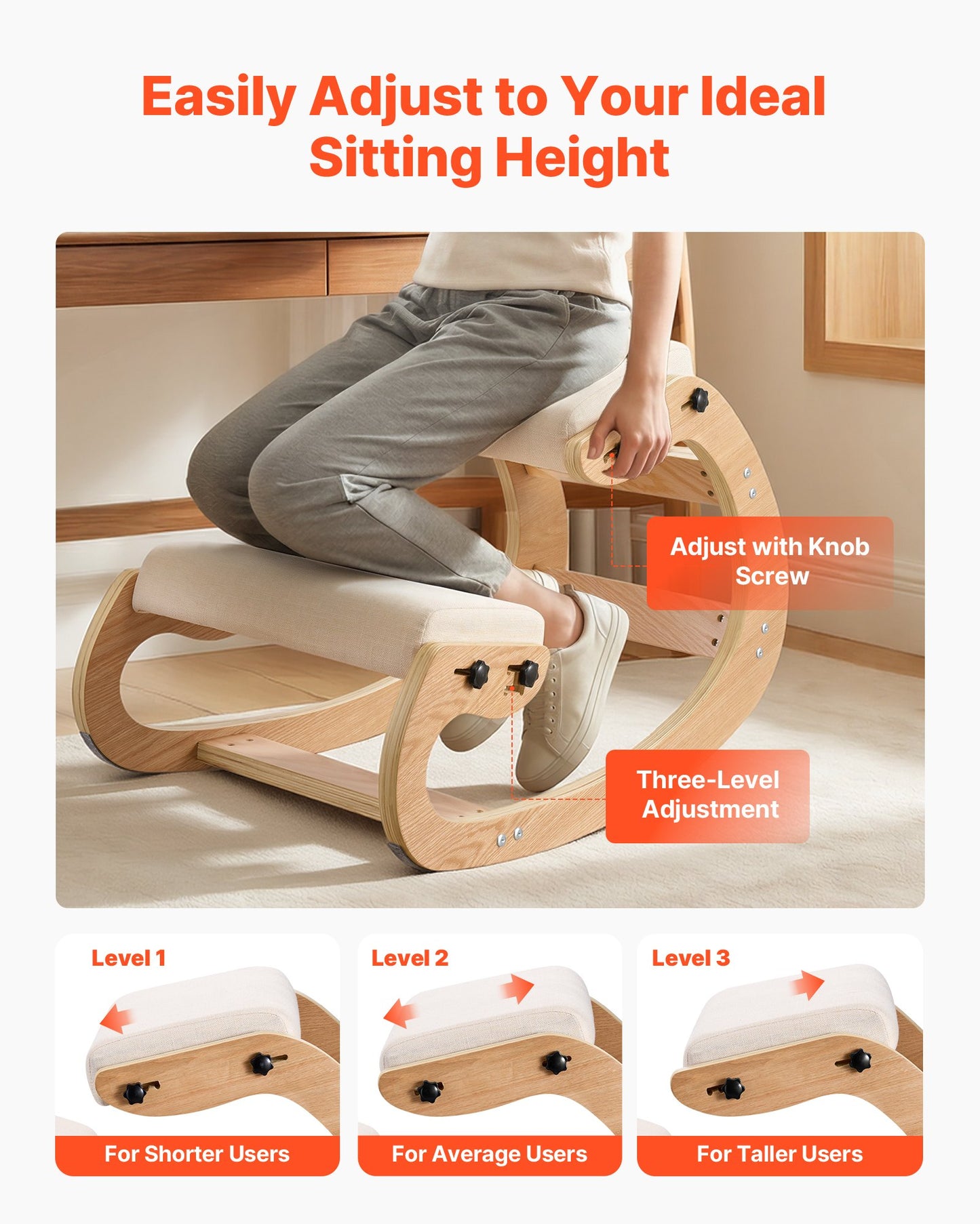 Ergonomic Kneeling Office Chair with Wooden Frame and Adjustable Cushions - Relief for Back and Neck Pain