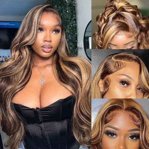 BEANATASHA Highlight Ombre Lace Front Wig, Pre Plucked, 13x4 HD Transparent Lace, 26 Inch, 180% Density Body Wave, 4/27 Colored, Glueless Wig, for Women