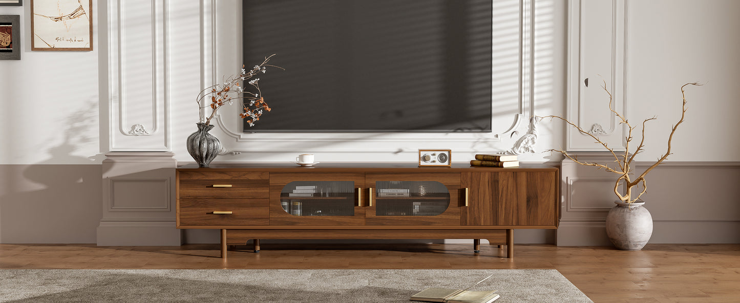 Modern 78-Inch TV Stand for TVs Up to 85" with Glass Doors & Drawers - Walnut