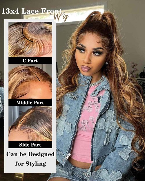 FASHION VILA Ombre Lace Front Wig - Human Hair, 13x4 Body Wave, 4/27 Highlight, Honey Blonde, 180% Density (18 inch)