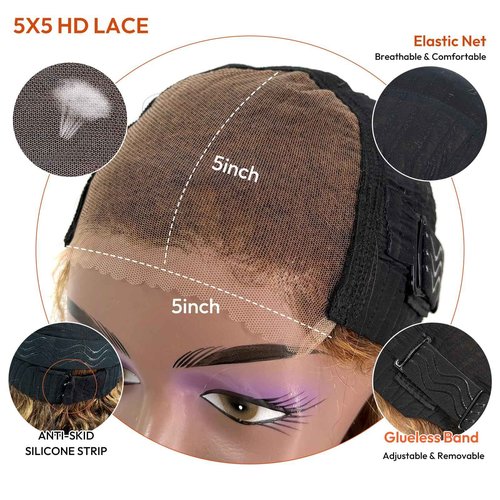 Glueless Wigs Human Hair Pre Plucked Pre Cut Wear and Go 5x5 HD Lace Closure Wigs Human Hair Deep Wave Wig P4/27 Honey Blonde Ombre Highlight Lace Front Wig Human Hair Wig 180% Density 16 Inch