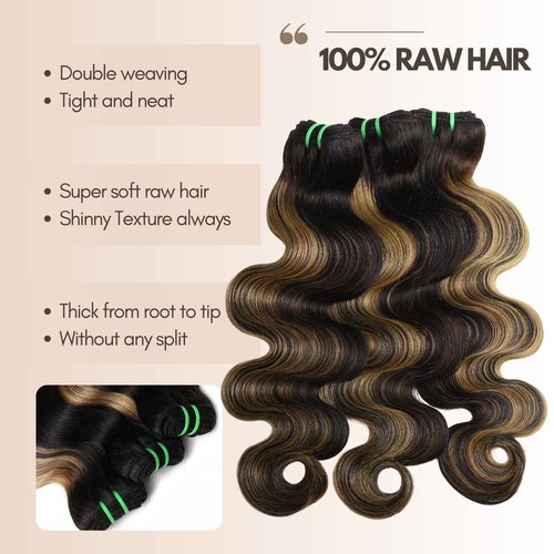 HERMOUS 13A Double Drawn Honey Blonde Highlight FB27 Bundles Body Wave Human Hair, Black With Honey Brown Highlight Human Hair 3 Bundles Unprocessed Remy Hair F1B/27 Ombre Hair Extension 12 14 16 Inch