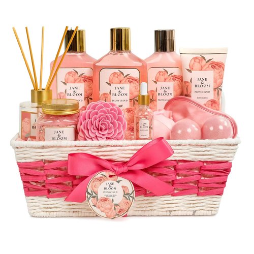 Spa Gift Basket for Women – Peony Cloud | 13-Piece Self Care Gift Set with Bubble Bath, Bath Bombs, Peony Diffuser, Lotion, Shower Gel, Bath Salt & More | Spa Gifts for Her, Birthday, Mother’s Day