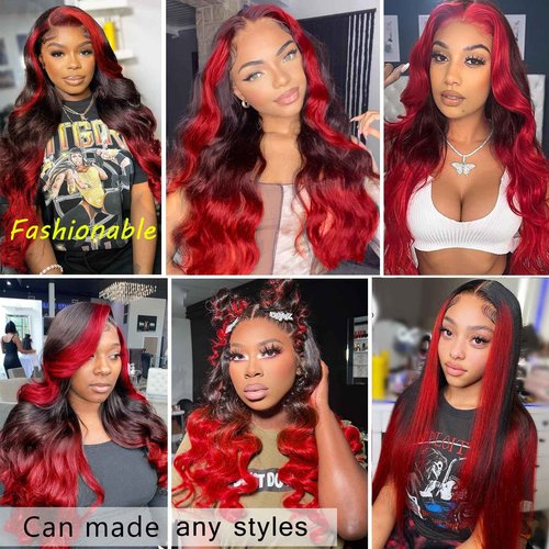 YMS Ombre Red HD Lace Front Wigs Human Hair Pre Plucked 180% Density Black and Red Human Hair Wigs for Women Body Wave Colored Skunk Stripe Glueless Wig Real Hair 20 Inch Transparent Lace Frontal Wig