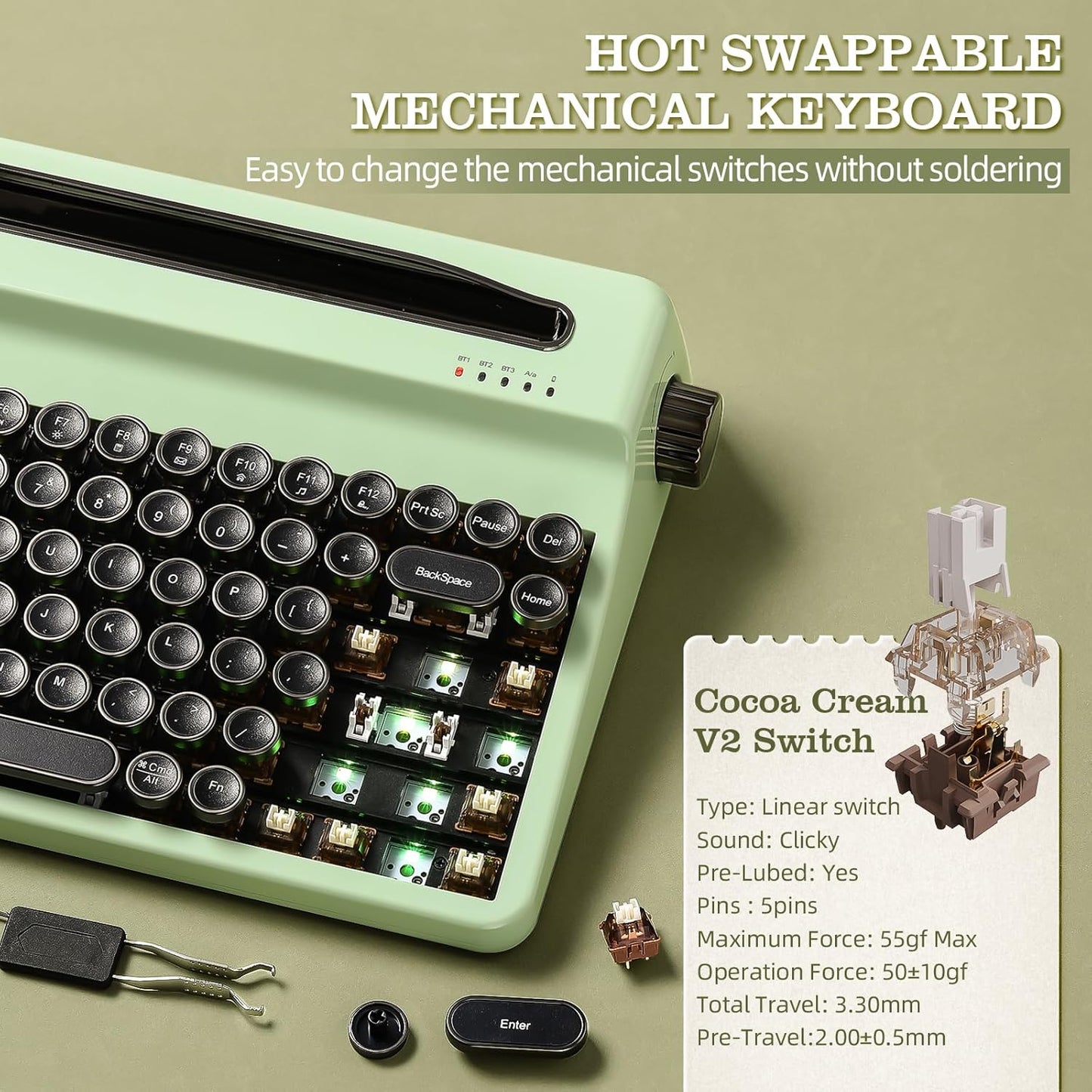 YUNZII QL75 Wireless Typewriter Hot Swap Retro Mechanical Keyboard,Punk Round Keycaps,RGB Backlit QMK/VIA Programmable, Multi-Device Keyboard with 2.4GHz/Type-C/BT5.0 (Wood, Cocoa Cream V2 Switch)