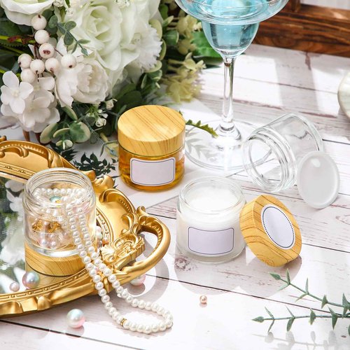 Layhit 96 Pcs 2oz Glass Jars with Lids Clear Small Jars with Plastic Woodgrain Lids, White Labels and Inner Liners Empty Round Cosmetic Containers for Creams Lotions Candle Making (2oz/ 60ml)