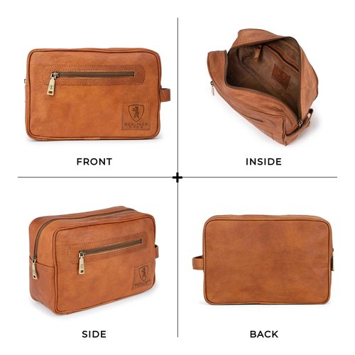 BERLINER BAGS Vintage Genuine Leather Toiletry Bag Paul, Large Capacity Cosmetics Bag for Men and Women for Travel - Brown (1 Compartment)