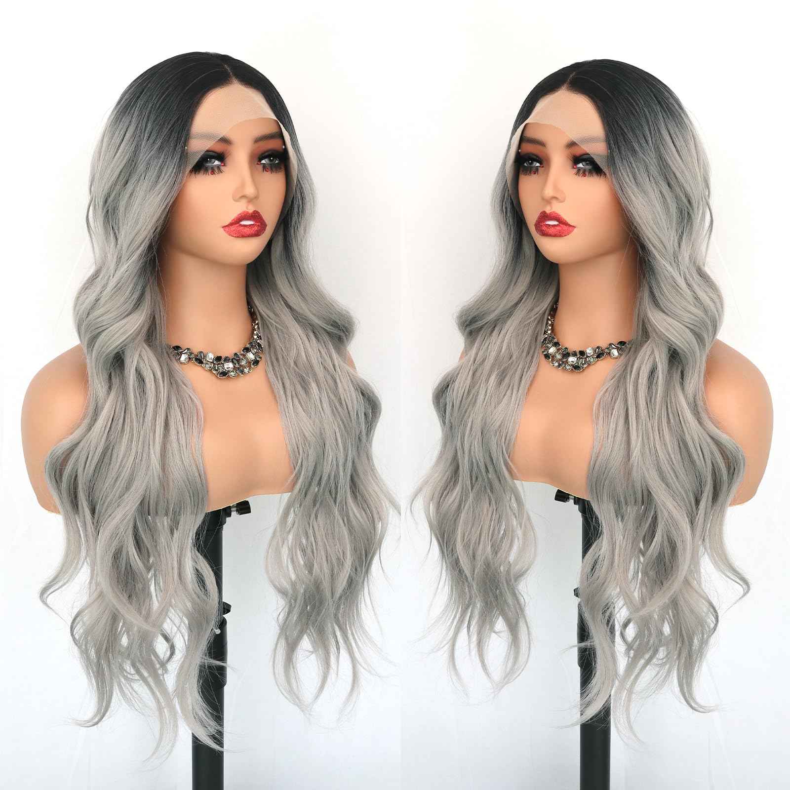 Oxeely Ombre Gray Synthetic Lace Front Wigs Long Wave Wigs Natural Looking Glueless Synthetic Lace Wigs Heat Resistant Fiber Hair Ombre Silver Gray Wigs for Women Daily Use