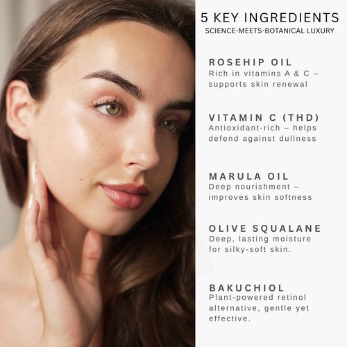 DEWI SKIN Vitamin C + Squalane Night Facial Oil – Hydrating - Nourishing Botanical Blend with Rosehip, Marula, Camellia & Bakuchiol for Soft, Glowing Skin